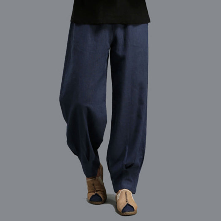 Buddha Stones Casual Plain Color Elastic Drawstring Ramie Linen Men's Pants With Pockets