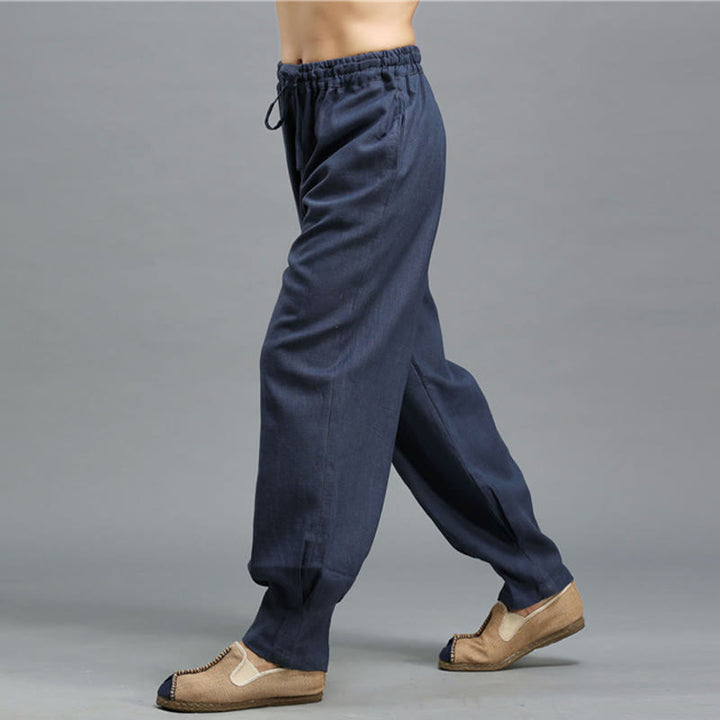 Buddha Stones Casual Plain Color Elastic Drawstring Ramie Linen Men's Pants With Pockets