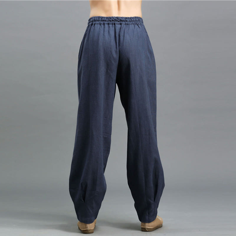 Buddha Stones Casual Plain Color Elastic Drawstring Ramie Linen Men's Pants With Pockets - image 4