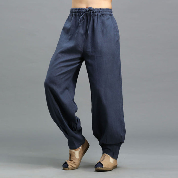 Buddha Stones Casual Plain Color Elastic Drawstring Ramie Linen Men's Pants With Pockets - image 9