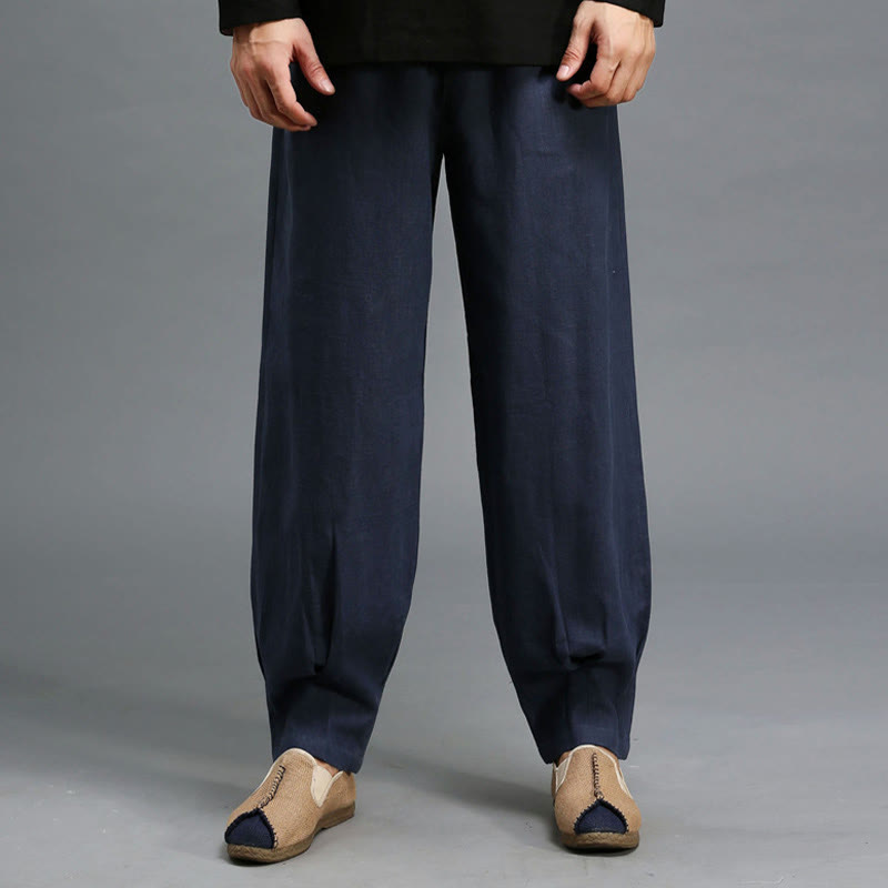 Buddha Stones Casual Plain Color Elastic Drawstring Ramie Linen Men's Pants With Pockets - image 11