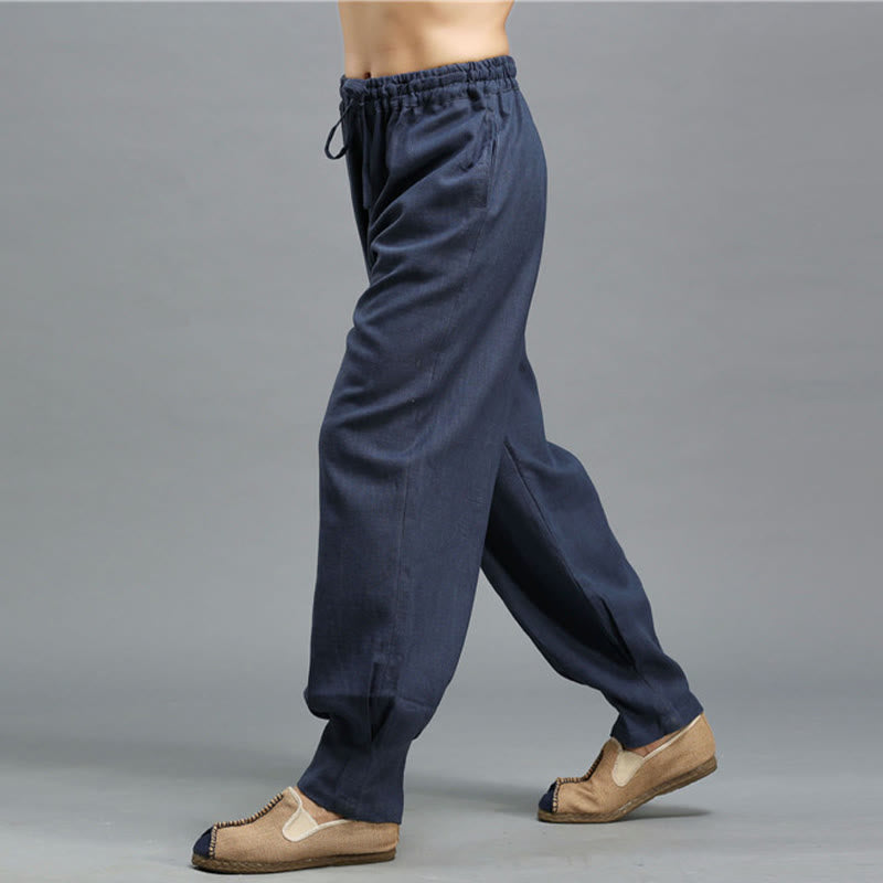 Buddha Stones Casual Plain Color Elastic Drawstring Ramie Linen Men's Pants With Pockets - image 7
