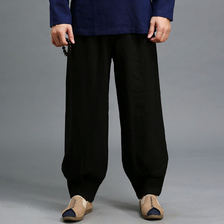 Buddha Stones Casual Plain Color Elastic Drawstring Ramie Linen Men's Pants With Pockets - image 19