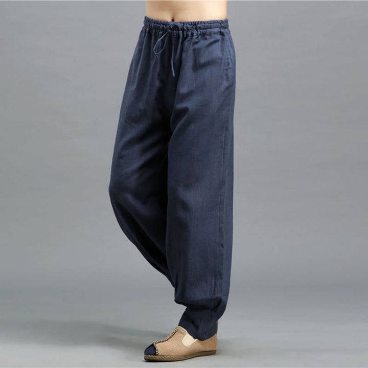 Buddha Stones Casual Plain Color Elastic Drawstring Ramie Linen Men's Pants With Pockets