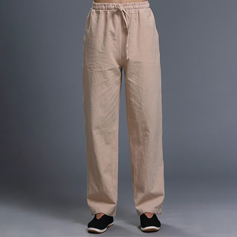 Buddha Stones Casual Plain Color Drawstring Linen Men's Pants With Pockets