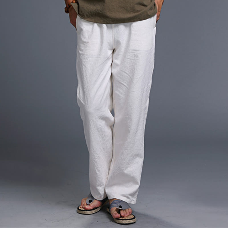 Buddha Stones Casual Plain Color Drawstring Linen Men's Pants With Pockets