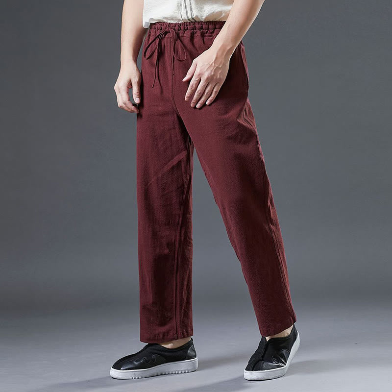 Buddha Stones Casual Plain Color Drawstring Linen Men's Pants With Pockets - image 18