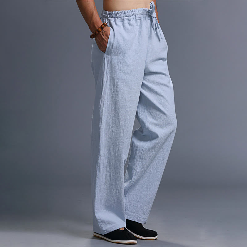 Buddha Stones Casual Plain Color Drawstring Linen Men's Pants With Pockets