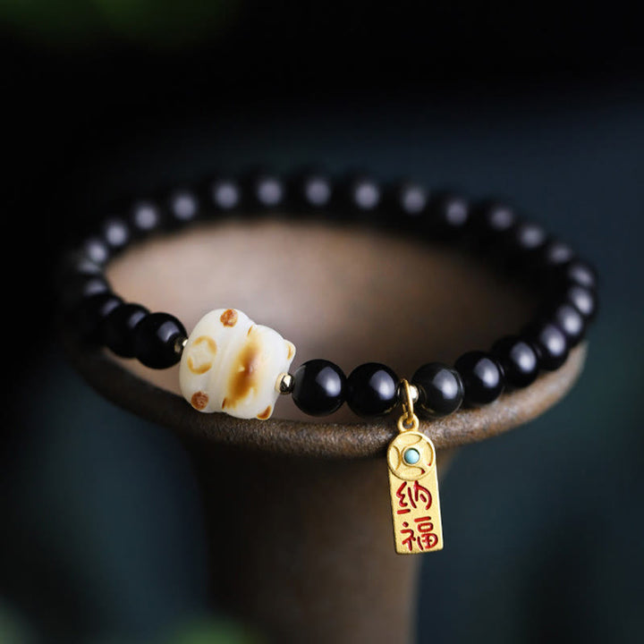 Buddha Stones Black Obsidian Cat Paw Bodhi Seed Lucky Fortune Charm Purification Bracelet