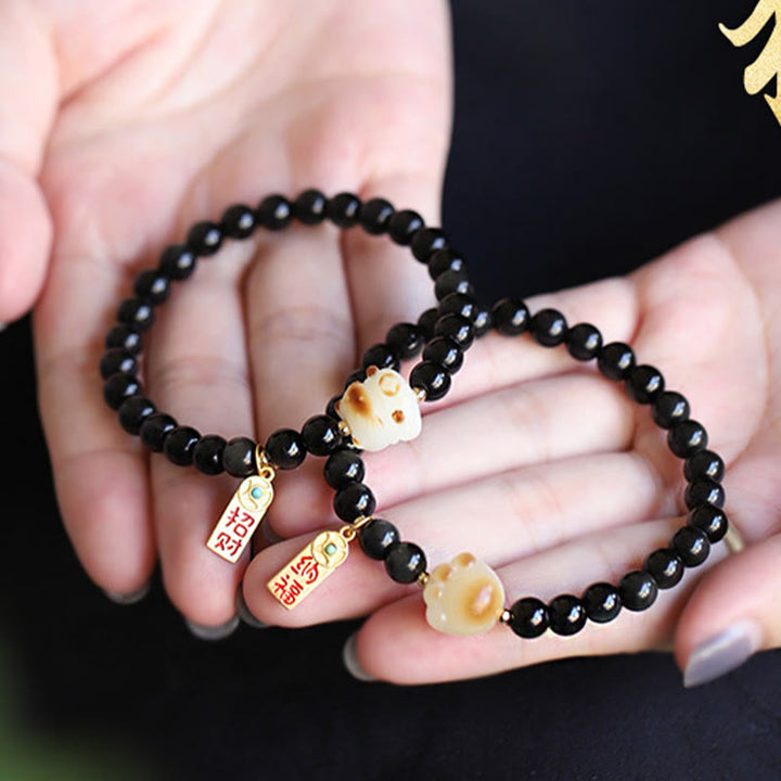 Buddha Stones Black Obsidian Cat Paw Bodhi Seed Lucky Fortune Charm Purification Bracelet