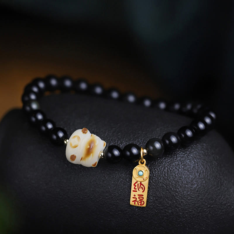 Buddha Stones Black Obsidian Cat Paw Bodhi Seed Lucky Fortune Charm Purification Bracelet