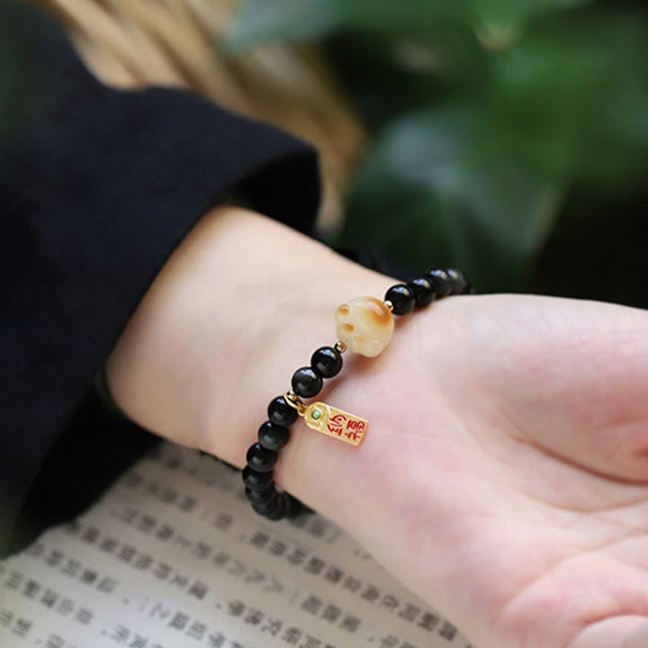 Buddha Stones Black Obsidian Cat Paw Bodhi Seed Lucky Fortune Charm Purification Bracelet