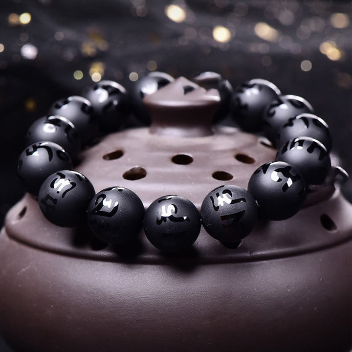 Buddha Stones Natural Black Onyx Om Mani Padme Hum Carved Protection Bracelet