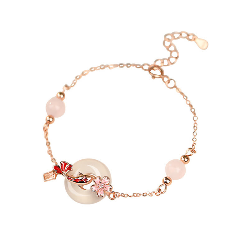 Buddha Stones Chalcedony Pink Crystal 925 Sterling Silver Flowers Koi Fish Peace Buckle Positive Bracelet - image 10