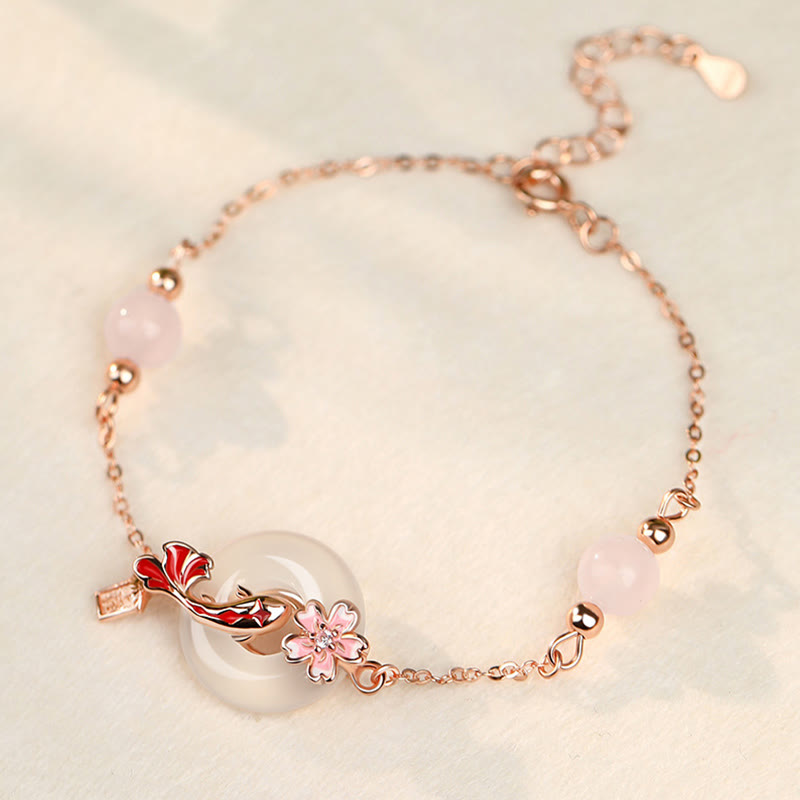 Buddha Stones Chalcedony Pink Crystal 925 Sterling Silver Flowers Koi Fish Peace Buckle Positive Bracelet - Chalcedony 925 Sterling Silver(Wrist Circumference: 14-18cm) - image 0