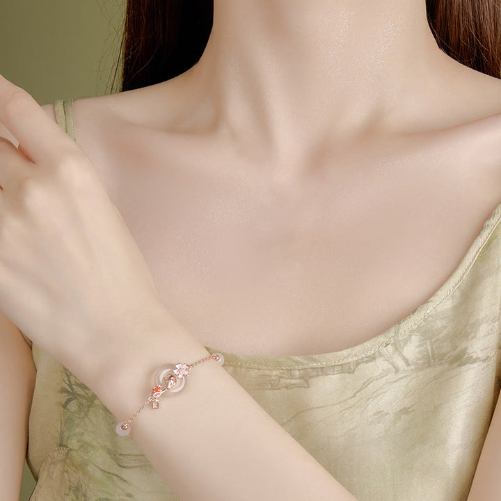 Buddha Stones Chalcedony Pink Crystal 925 Sterling Silver Flowers Koi Fish Peace Buckle Positive Bracelet - image 4