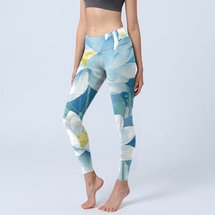 Buddha Stones Blue White Lotus Print Gym Leggings Women's Yoga Pants