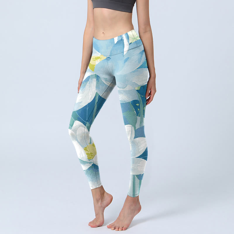 Buddha Stones Blue White Lotus Print Gym Leggings Women's Yoga Pants - Blue - US18，UK/AU22，EU50 (4XL) - image 0