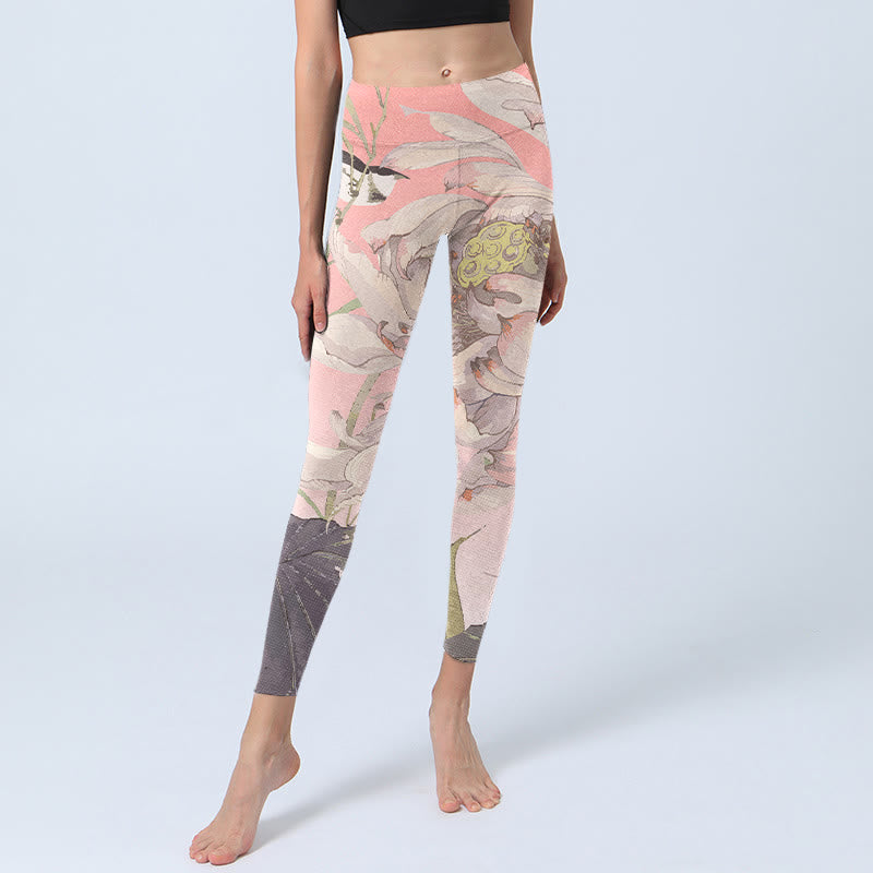 Buddha Stones Withered White Lotus Print Gym Leggings Women's Yoga Pants