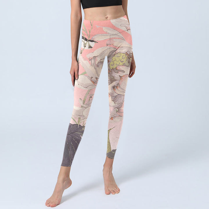 Buddha Stones Withered White Lotus Print Gym Leggings Women's Yoga Pants - image 5