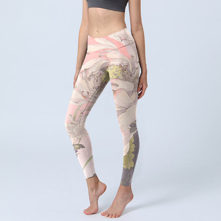 Buddha Stones Withered White Lotus Print Gym Leggings Women's Yoga Pants