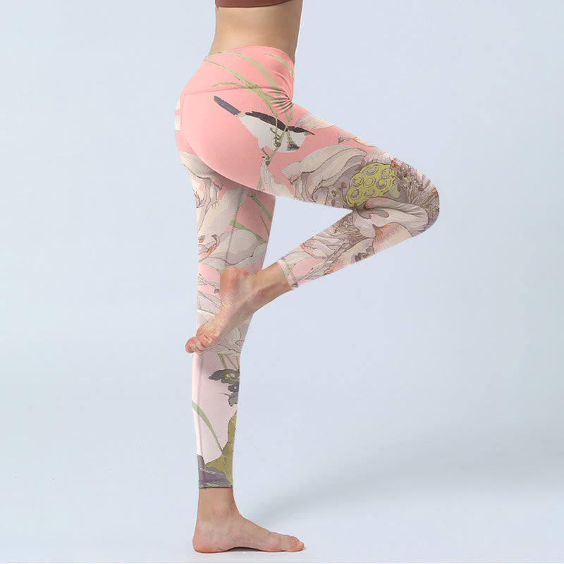 Buddha Stones Withered White Lotus Print Gym Leggings Women's Yoga Pants