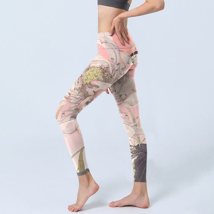 Buddha Stones Withered White Lotus Print Gym Leggings Women's Yoga Pants - image 2