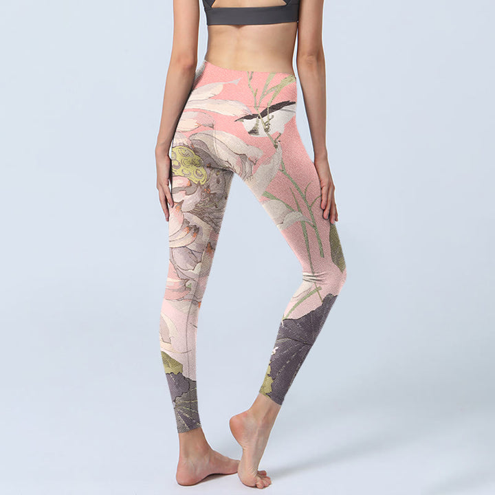 Buddha Stones Withered White Lotus Print Gym Leggings Women's Yoga Pants