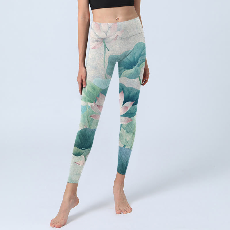 Buddha Stones Blooming  White Pink Lotus Leaves Print Gym Leggings Women's Yoga Pants