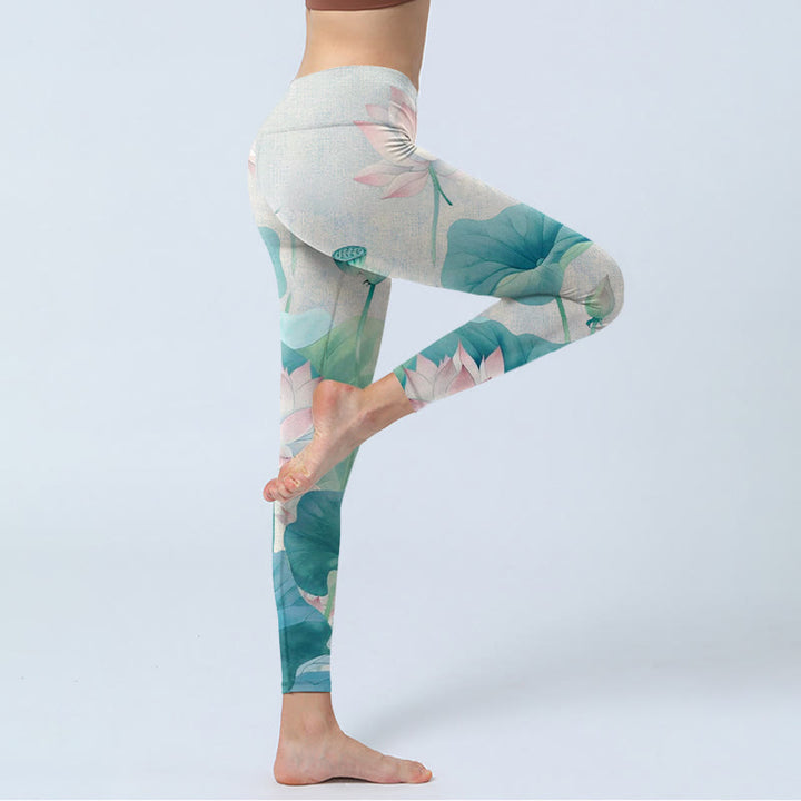 Buddha Stones Blooming  White Pink Lotus Leaves Print Gym Leggings Women's Yoga Pants