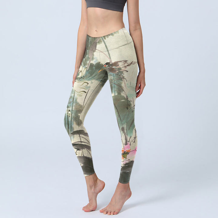 Buddha Stones Lotus Bamboo Leaves Print Gym Leggings Women's Yoga Pants - Beige - US18，UK/AU22，EU50 (4XL) - image 1