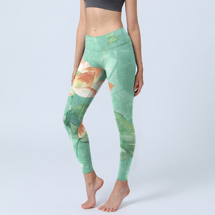 Buddha Stones Lotus Leaves Seed Pods Print Gym Leggings Women's Yoga Pants - MediumSpringGreen - US18，UK/AU22，EU50 (4XL) - image 0