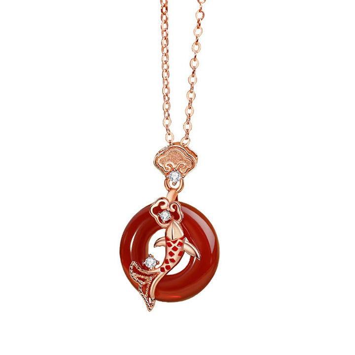 Buddha Stones Red Agate 925 Sterling Silver Ruyi Lock Koi Fish Peace Buckle Calm Necklace Pendant