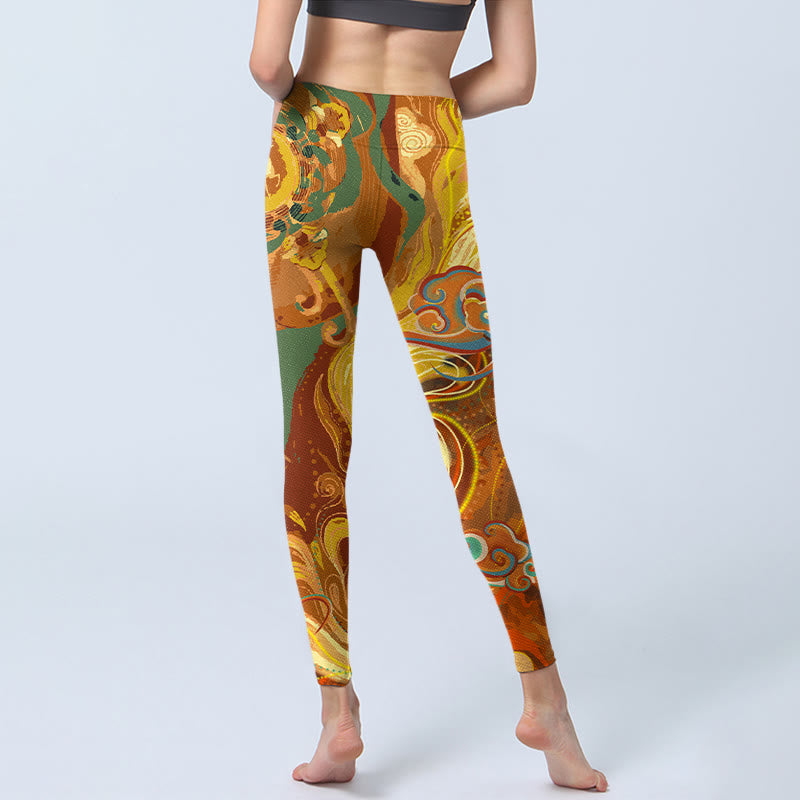 Buddha Stones Golden Auspicious Cloud Waves Print Gym Leggings Women's Yoga Pants - image 7