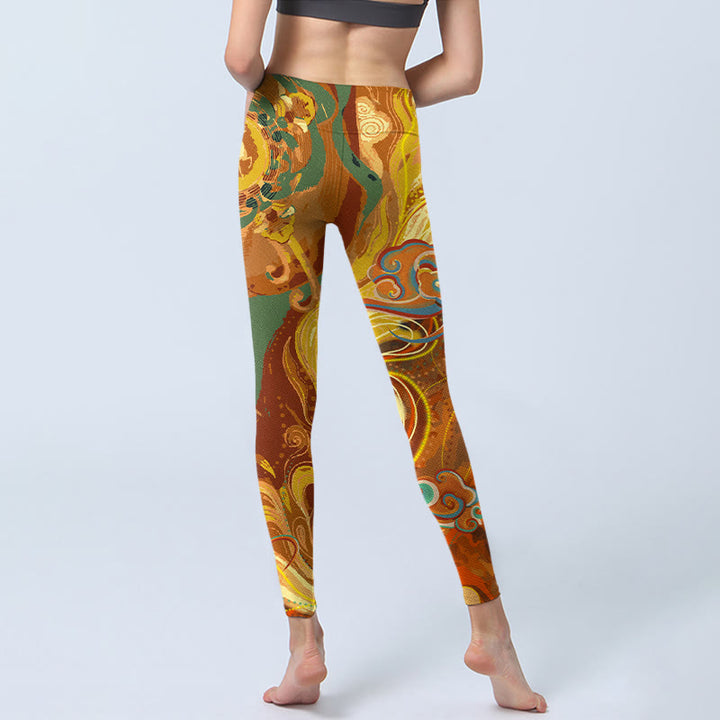 Buddha Stones Golden Auspicious Cloud Waves Print Gym Leggings Women's Yoga Pants - image 7