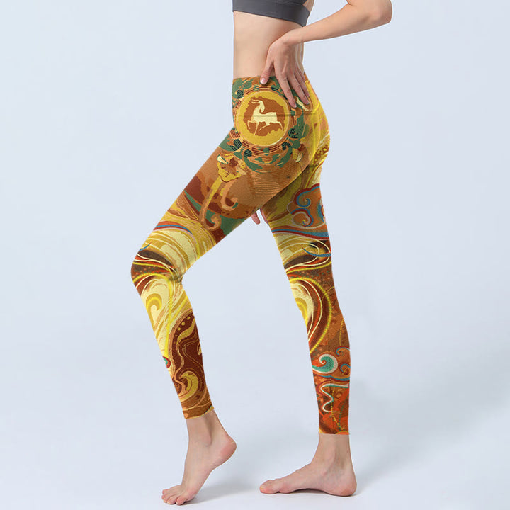 Buddha Stones Golden Auspicious Cloud Waves Print Gym Leggings Women's Yoga Pants - image 3
