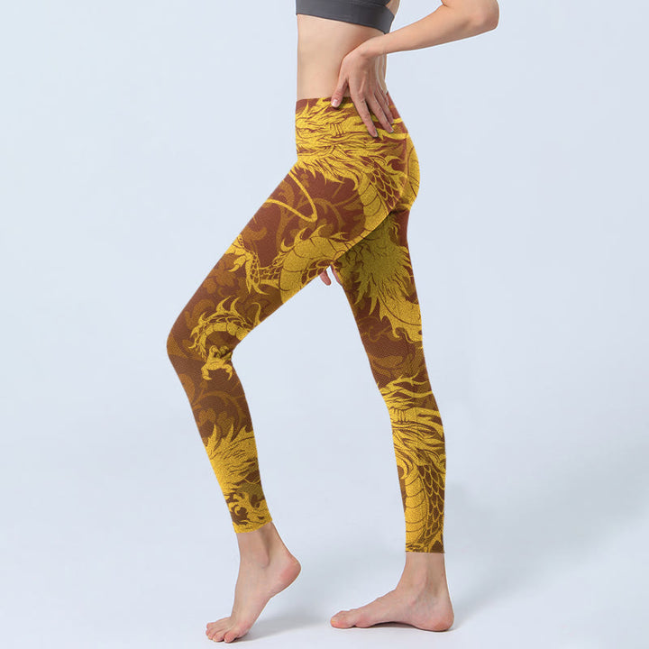 Buddha Stones Golden Dragon Flowers Print Gym Leggings Women's Yoga Pants - image 3
