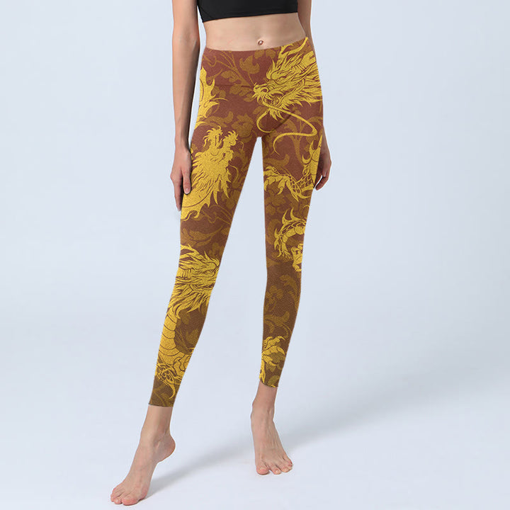 Buddha Stones Golden Dragon Flowers Print Gym Leggings Women's Yoga Pants