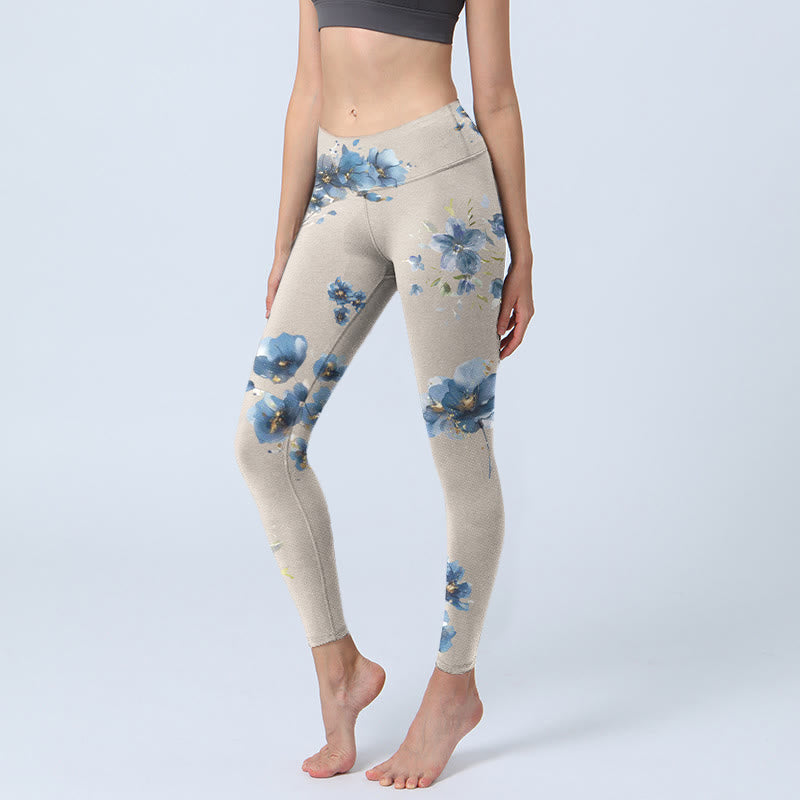 Buddha Stones Dark Blue Flower Gym Leggings Women's Yoga Pants - Wheat - US18，UK/AU22，EU50 (4XL) - image 0
