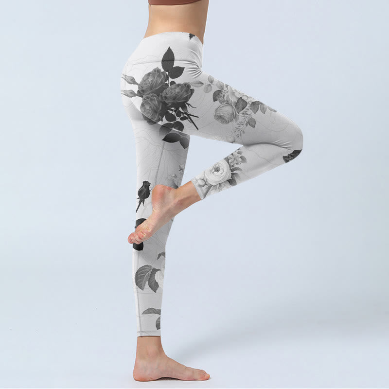 Buddha Stones Black White Rose Gym Leggings Women's Yoga Pants