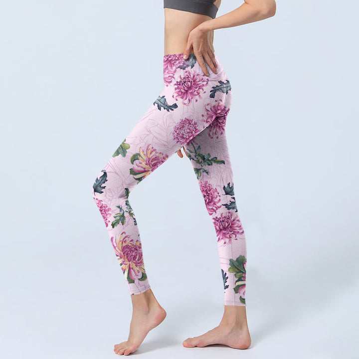 Buddha Stones Pink Chrysanthemum  Gym Leggings Women's Yoga Pants - image 2