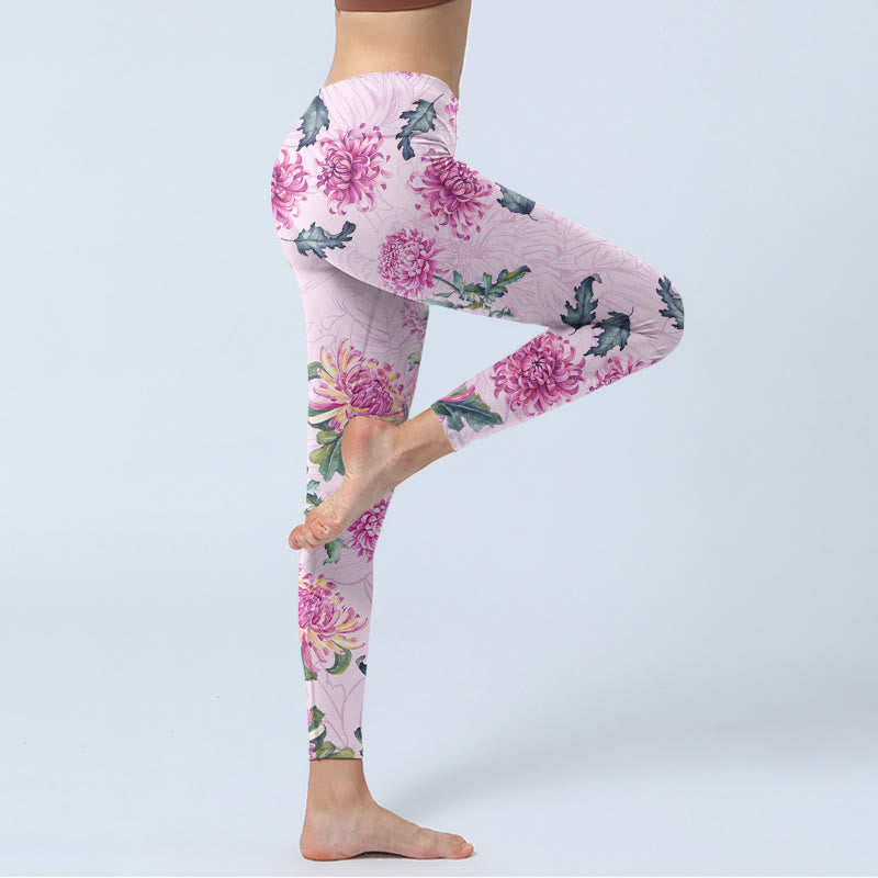 Buddha Stones Pink Chrysanthemum  Gym Leggings Women's Yoga Pants - image 3