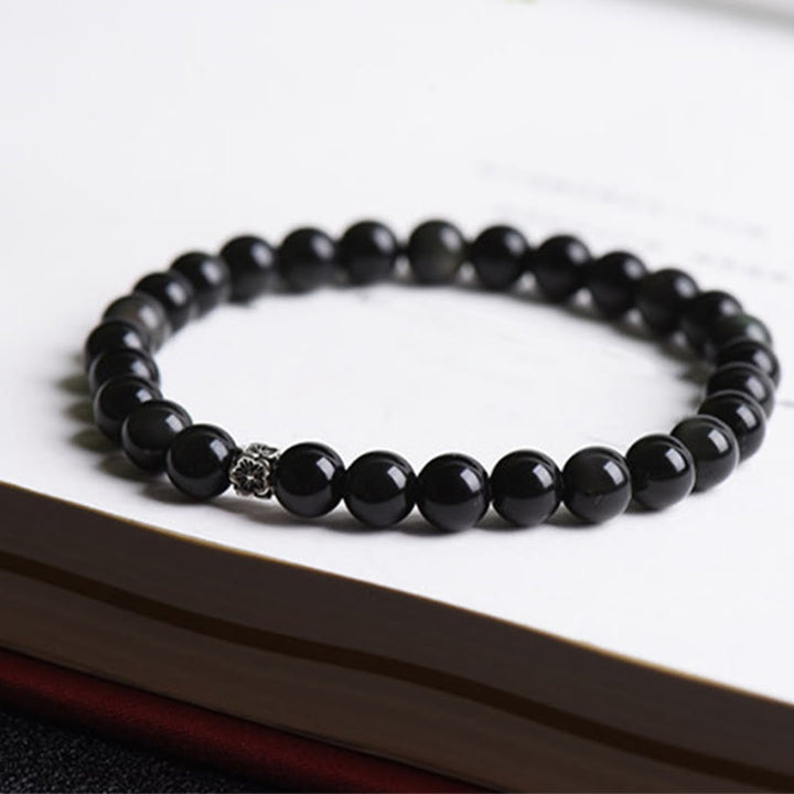 Buddha Stones Black Obsidian Bead 925 Sterling Silver Flower Design Purification Bracelet