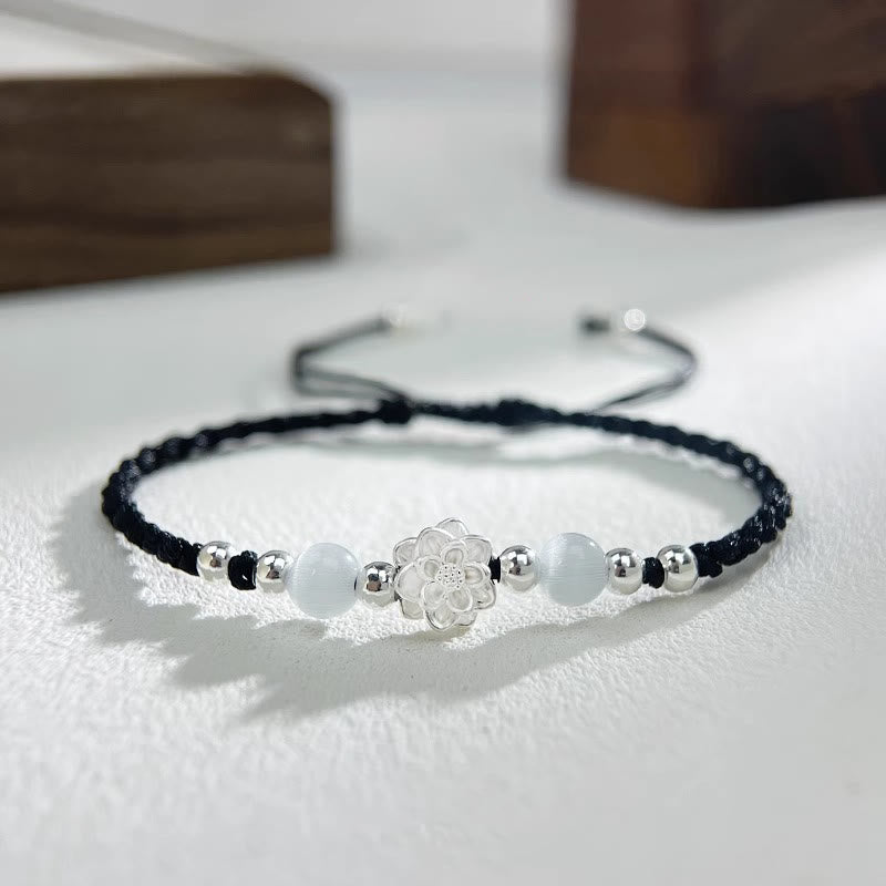 Buddha Stones 999 Sterling Silver Lotus Design Cat's Eye Bead Protection String Bracelet - Lotus Black(Wrist Circumference 15-18cm) - image 0
