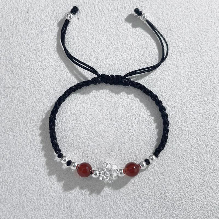 Buddha Stones 999 Sterling Silver Lotus Design Cat's Eye Bead Protection String Bracelet - Lotus Red Bead Black(Wrist Circumference 15-18cm) - image 8