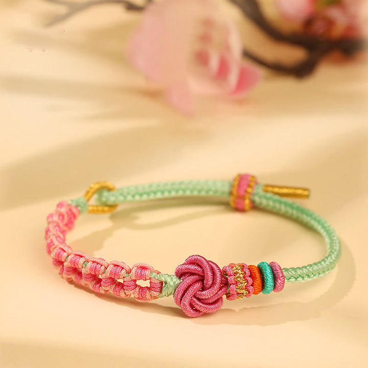 Buddha Stones Handmade Pink Green Peach Blossom Knot Braided Bracelet