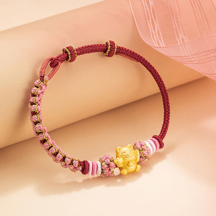 Buddha Stones Handmade 999 Sterling Silver Fortune Cat Ingot Peach Blossom Luck Red Rope Bracelet - image 3