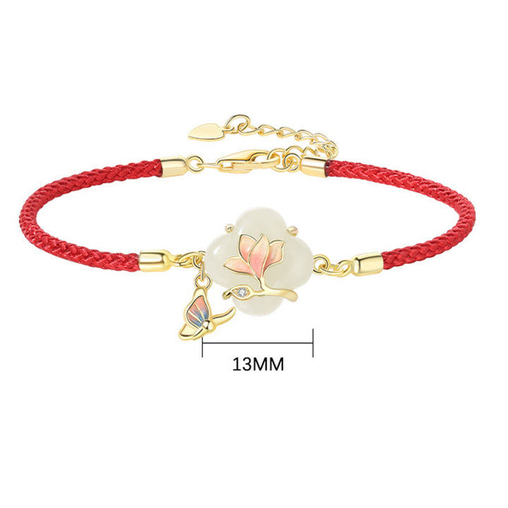 Buddha Stones 925 Sterling Silver Hetian Jade Magnolia Flower Butterfly Luck Chain Bracelet - image 7