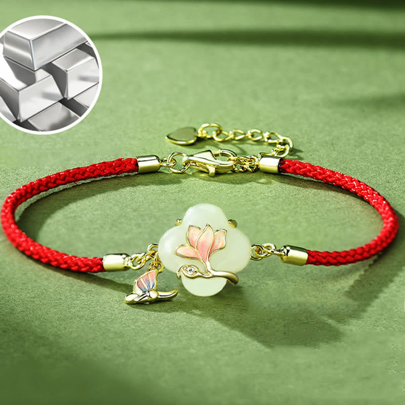 Buddha Stones 925 Sterling Silver Hetian Jade Magnolia Flower Butterfly Luck Chain Bracelet