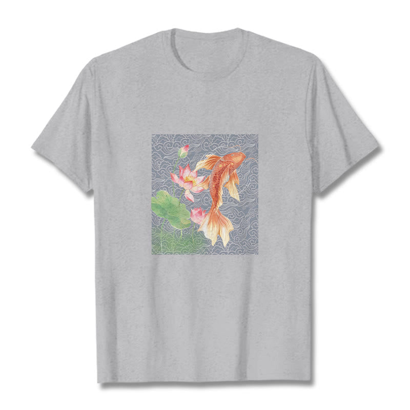 Buddha Stones Koi Fish Lotus Combination Cotton Tee T-shirt - LightGrey - 2XL - image 11